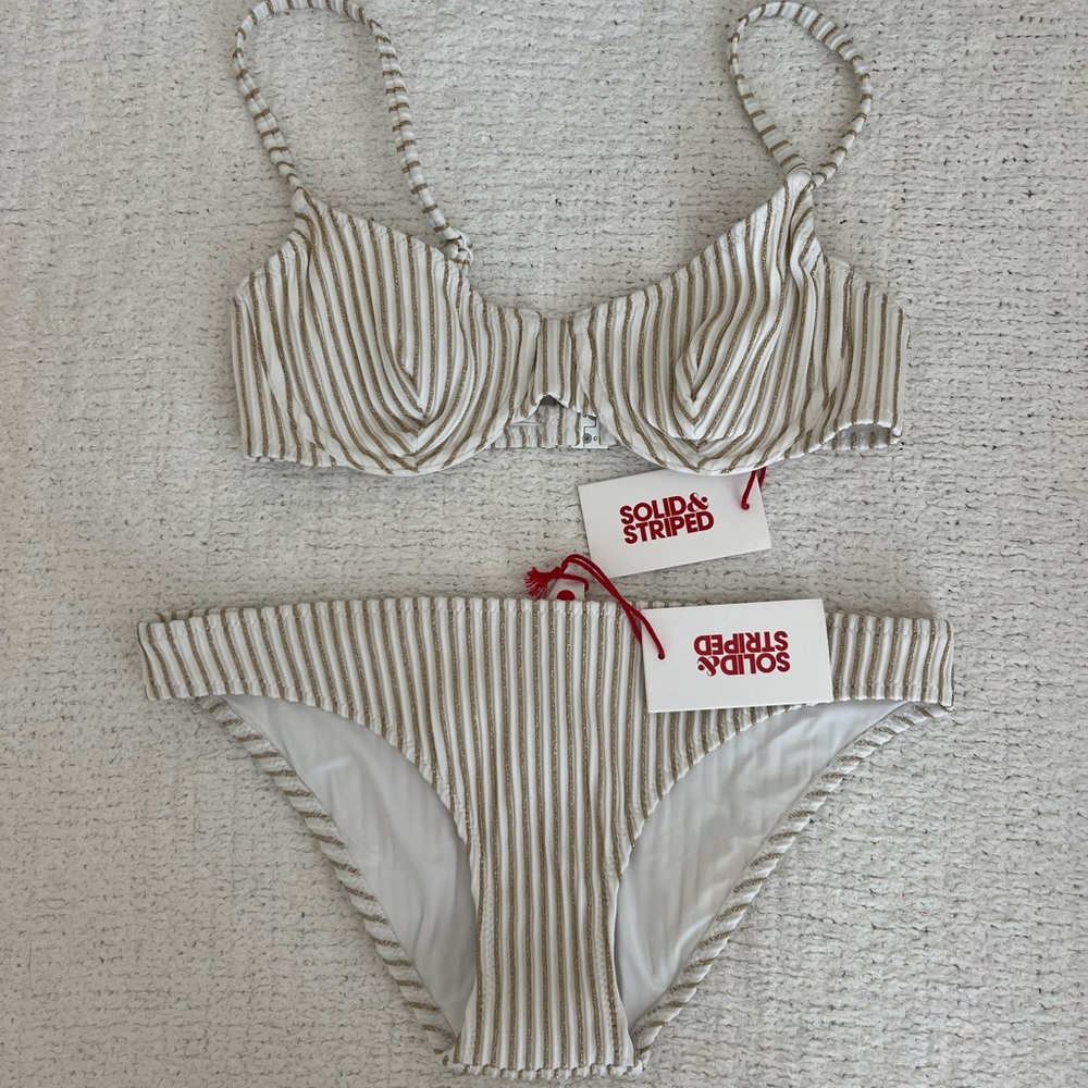 Solid & Striped The Eva Metallic Stripe Bikini Set White and Gold